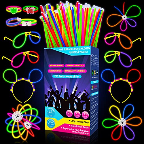 Millegu Knicklichter Party Set,100 Stück Leuchtstäbe 130 Verbinder,Neon Knicklichter Ketten und Leuchtbrillen für Kinder, Deko für Festival Hochzeiten Weihnacht Party Silvester Deko 2024