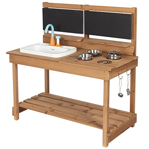 ONVAYA® Matschküche aus Holz | Braun | Outdoor Spielküche mit Waschbecken und schwarzer Tafel | Inklusive Stauraum in der Kinderküche für Draußen