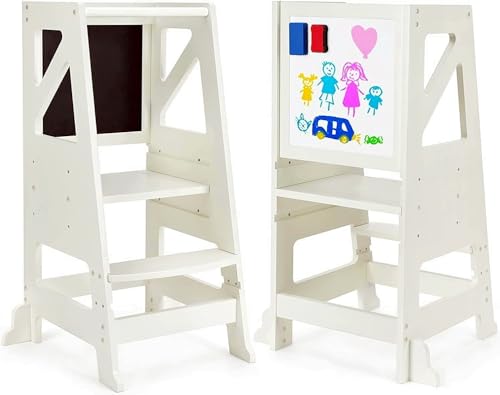 Dripex Lernturm für Kinder, Lernturm Höhenverstellbar Kippschutz, Montessori Holz Lernturm mit Doppelseitige Tafel Für Kinder Baby, ideales Montessori Küchenhelfer ab 1 Jahr (Cremefarben)