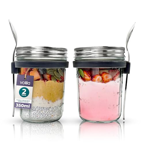 volila Overnight Oats Gläser - (2 Stk. à 350ml) Overnight Oats Behälter mit Deckel - Müslibecher to Go Glas für Overnight Oats, Joghurt und Salate - Gläser für Overnight Oats mit Rezepten und Löffel