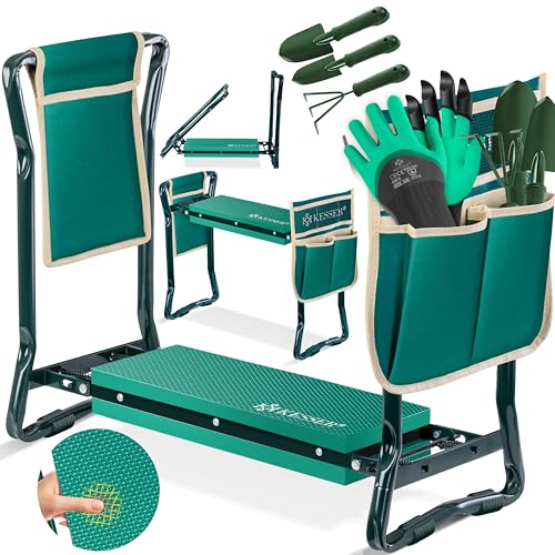 KESSER® 2 in 1 XXL Kniebank für Gartenarbeit Gepolstert Sitzunterlage Eva-Schaumkissen Gartenhocker Klappbar | 2X Werkzeugtasche Handschuhe Gartenkelle & Rechen | Gartenbank 60x50x27cm bis 150 kg