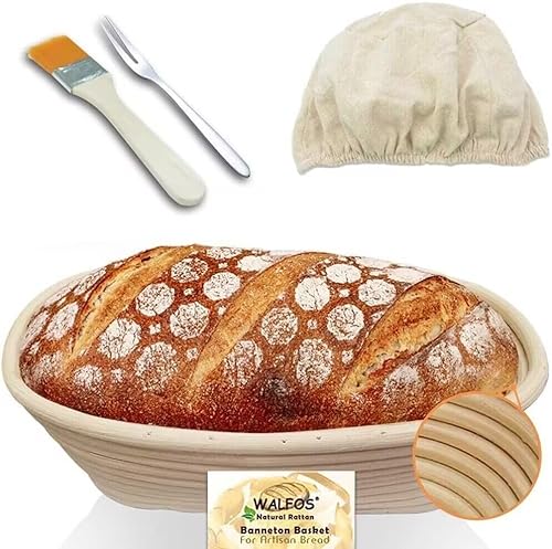 Walfos® Gärkorb Oval Banneton Gärkörbe zum Brotbacken Set, inklusive 100% natürlichem Rattan, Pinsel,Brot Gabel und Leinenbezug, ideal für Heim- und professionelle Bäcker-25cm