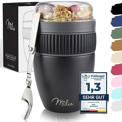 Milu Müslibecher to go 400ml MüsliMax I isolierter Edelstahl Joghurtbecher für Müsli I auslaufsicherer Becher mit Löffel für Yoghurt/Porridge (Schwarz)