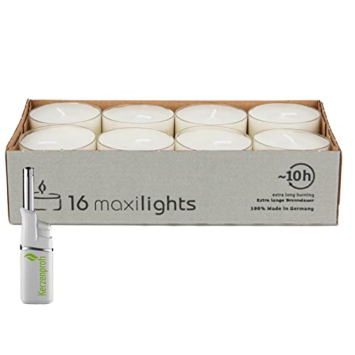 Bundle: Teelichter Set MaxiLights von Wenzel - Große Teelicht Kerzen im Acrylcup (transparenter Becher) ca. 9-10 Stunden Brenndauer Ø 5,6 cm. Inkl. Stabfeuerzeug (16 x MaxiLights & 1 Feuerzeug)