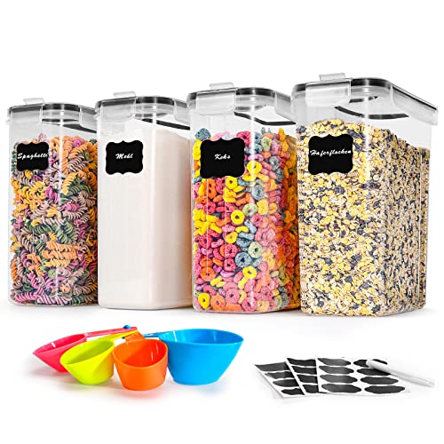 Vorratsdosen mit Deckel Luftdicht Groß 4L Set of 4, BPA frei, Aufbewahrungsbox Küche, Mottensichere Küchen Organizer Mehl Spaghetti Cornflakes Müsli Aufbewahrung, Vorratsbehälter mit Etiketten