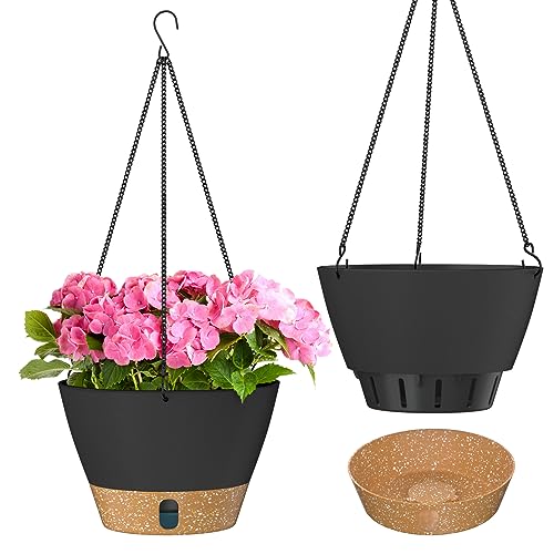 ZMTECH Hängetopf für Pflanzen, 20cm Blumentopf Ampel Hängend, Kunststoff Hänge Blumentopf mit Untersetzer für Außen Draußen Deko für Garten Balkon Wohnzimmer(2er-Set, Dunkelgrau)