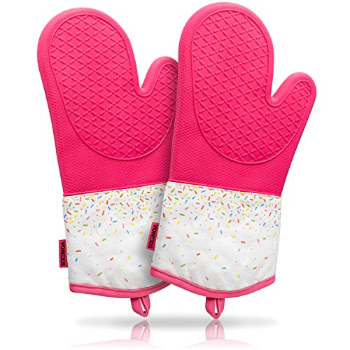 VONEXIS Ofenhandschuhe Hitzebeständig bis 250°C - Silikon Topfhandschuhe - Baumwolle Innenfutter - extra lang & rutschfest (2er-Set, Pink - Zuckerstreusel)