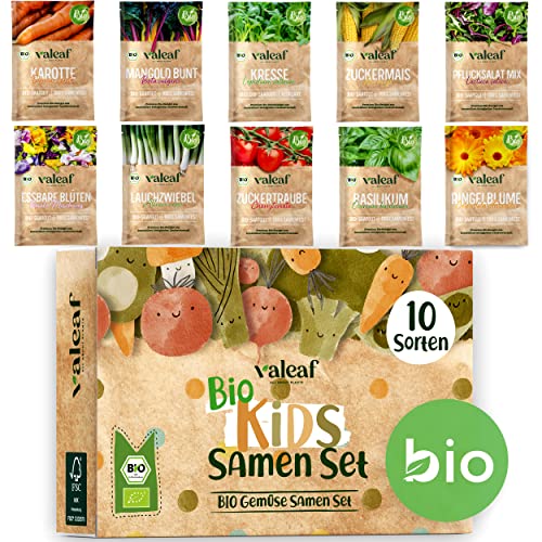 valeaf BIO Gemüse Samen Set für Kinder I Gemüse Anzuchtset m. 10 Sorten Gemüsesamen Pflanzset I Mini Garten Set I Garten Kinder Gemüse Samen als Hochbeet für Kinder I Samen Gemüse Anpflanzset