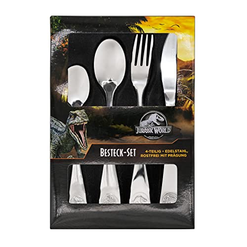 p:os p:os Jurassic World - Kinderbesteck-Set Edelstahl, 4-teiliges Besteckset mit Dino-Gravur, Besteck mit Messer, Gabel, Suppenlöffel und Dessertlöffel