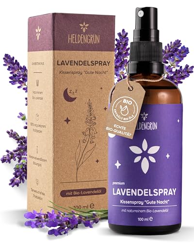 Heldengrün® Lavendelspray Gute Nacht [Bio-LAVENDELÖL] - Lavandula Angustifolia - Beruhigend & wohltuend - Premium Lavendel Spray - Ideal als Kissenspray, Einschlafspray & Schlafspray - Sleep Spray