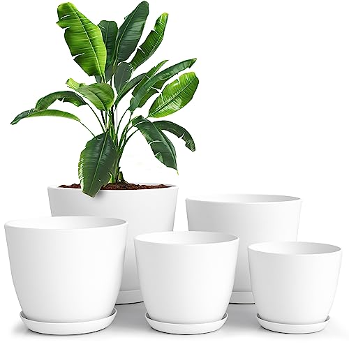 Utopia Home Blumentopf, 5er-Pack (Weiß), (ø18-ø17-ø15-ø13-ø12 cm) Dekorativer Übertopf für Zimmerpflanzen- Pflanzentopf mit Untersetzer