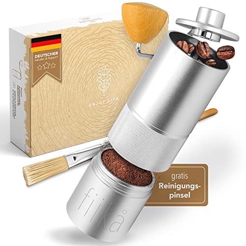 fiika Kaffeemühle manuell mit Edelstahlmahlwerk und abnehmbarem Holzgriff – präzise Mahlgradeinstellung, plastikfreie Espressomühe mit Kegelmahlwerk und Reinigungspinsel + Booklet