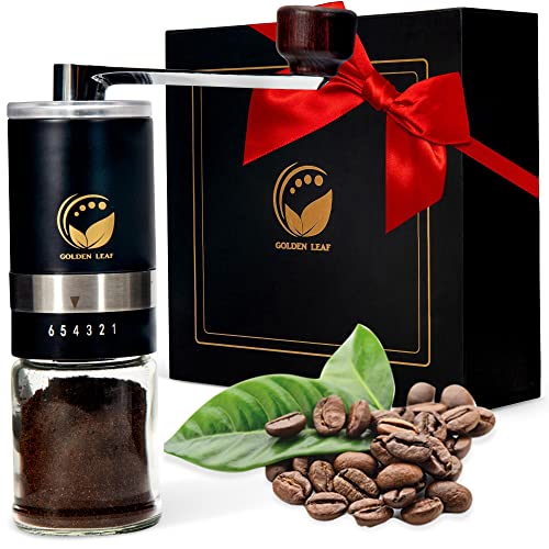 Golden Leaf Kaffeemühle manuell | Handkaffeemühle mit Glasbehälter zum Mahlen von Kaffeebohnen | Coffee grinder mit Keramikmahlwerk und 6 präzisen Mahlgradeinstellungen