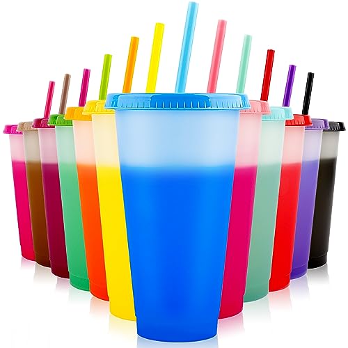 12 Stück Plastikbecher Trinkbecher Becher mit Strohhalm & Deckel - 710ml Groß Tasse Farbwechselbecher Kaffeebecher to go Becher Mehrweg Travel Tumbler für Eiskaffee Kaltes Trinken Smoothie Saft