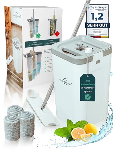 WONDERHOME - Bodenwischer Set mit Eimer - trennt Schmutz - von Frischwasser - innovatives 3 Kammer Wischmop Putzset + Auswringfunktion - für jeden Boden [Neu mit verlängerter 140cm Stange bestellen!]