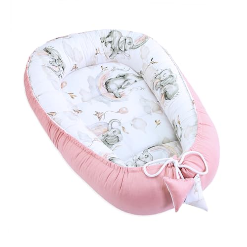 Babynest Kokon Neugeborene 90 x 50 cm - Handmade Babynestchen Kuschelnest Baby Nest Cocoon Nestchen aus Baumwolle Elefant Schmutziges Rosa