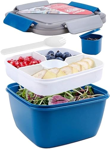 Greentainer Salatbehälter Lunch-Behälter Bento Box für Mittagessen, 3 Fächer für Salat und Snacks, Salatschüssel mit Dressingbehälter, auslaufsicher, mikrowellengeeignet 1500 ml Dunkel(Blau)