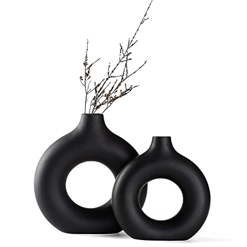 SAWOAKE Vasen für pampasgras, Schwarze Keramikvase 2er Set für Moderne Home Decor, Neutral Boho Nordic Minimalismus Stil Blumenvasen, Idee Regal,Tisch,（Groß+klein）