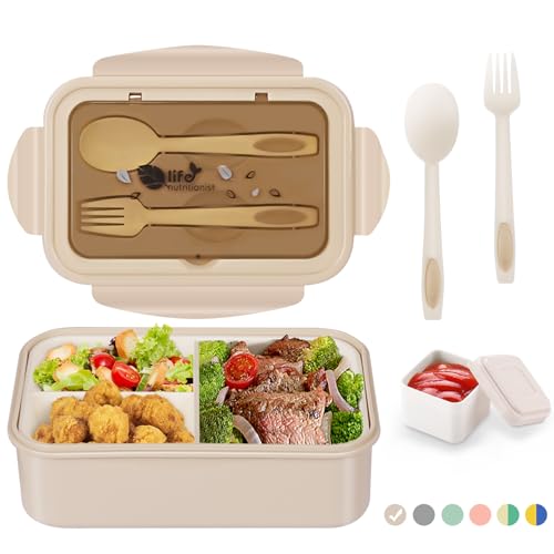 LUZOON Lunchbox, Bento Box Brotdose Erwachsene 1400ml mit 3 FäChern für Kinder inkl. Besteck, Jausenbox für Mikrowellen Und SpüLmaschinen, Schule, Arbeit, Picknick, Reisen, BPA Frei (Khaki+Saucenbox)