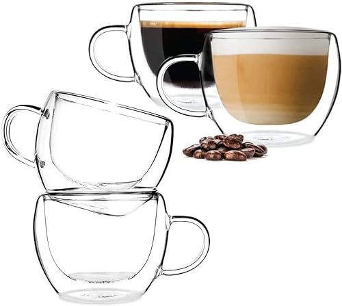 BOQO Kaffeetassen aus Glas, doppelwandig, isoliert, Trinkglas, Kaffeetassen mit Griff, perfekt für Latte, Cappuccinos, Teebeutel, Saft (240 ml Wassergläser *4)