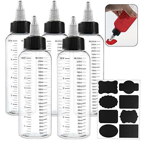 XUHN Quetschflasche Aus Kunststoff 250ml 5 Stück Transparente Squeeze Flasche Spenderflaschen Mit Schwarzem Drehverschluss Und Skala Mit 1 Aufkleber Für Tintenflüssigkeit, Öle, Gele, Leim