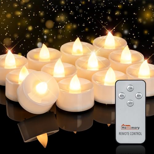 Homemory 12 Stück flackernden Teelichter mit Fernbedienung, Timer LED Kerzen, elektrische Kerzen für Diwali Weihnachten, 6 Stunden Timer, D3,5 cm x H3,1 cm, Warmweiße