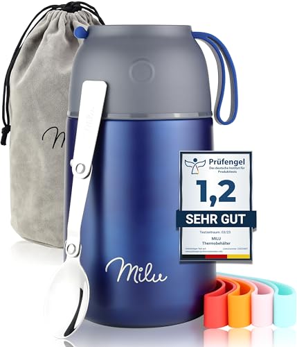 Milu® Thermobehälter 450, 650ml | Edelstahl Warmhaltebehälter | Essensbehälter | Speisegefäß Babynahrung | Essen warmhalten Behälter | Thermo Lunchbox | Müsli to go | Navyblau, 650ml