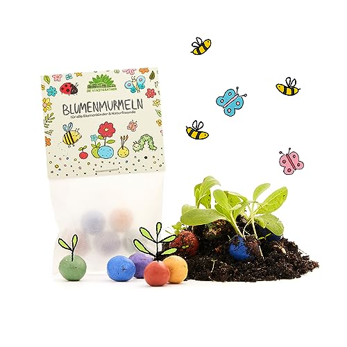 Set aus 10 x 5 bunten Blumenmurmeln für Kinder - Geschenk Mitgebsel zum Kindergeburtstag - Abschiedsgeschenk Kita Kindergarten - Samenbomben Geschenkidee - Dankeschön Erzieherin, Lehrerin, Tagesmutter