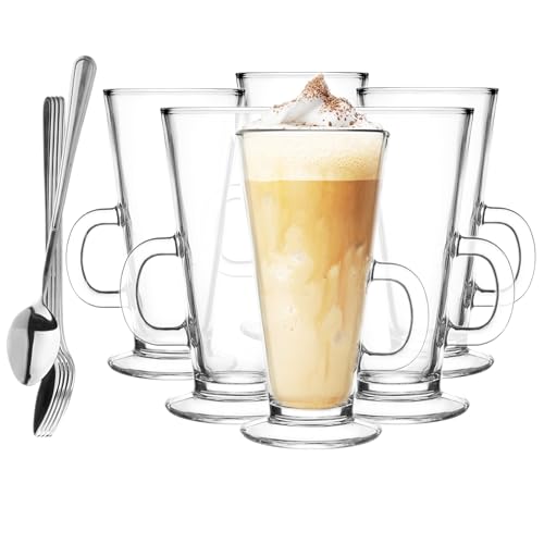 Glasmark KROSNO 1992 Gläser Set Kaffeegläser Mit Henkel Und Löffeln Latte 6 Stück 250 ml Kaffee Tee Latte Glas Teetassen Glasbecher Trinkglas Spülmaschinenfest