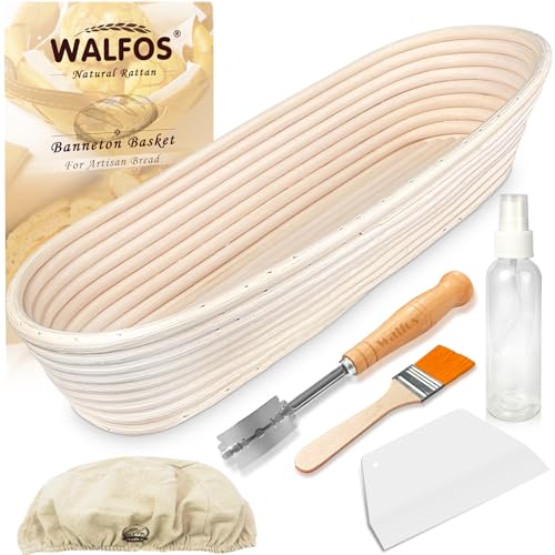 Walfos® Gärkorb Oval 35cm, Natürlicher Rattan Gärkörbchen Set, Hochwertiger Brotbackkorb gärkorb, Inklusive Bäckermesser, Teigschaber, Sprühflaschen&Leinenbezug，Ideal für Familie & Profi-Backen