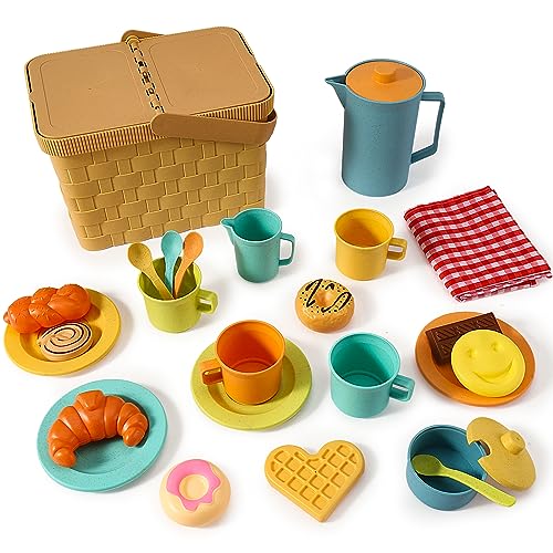 HERSITY Picknickkorb Kinder Teeservice Spielküche, Picknick Kinder Set mit Decke, Tee Set mit Dessert Spielzeug Outdoor, Geschenk für Jungen Mädchen 3 4 5 Jahre