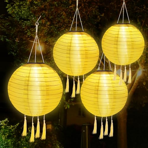 USMEI Lampion Solar Außen, 4 Stück Led Solar Lampions Hängend mit Fransen und Haken für Außen, Wetterfest Garten Solar Lampions für Hochtzeit, Kirche, Party Dekoration(WarmFarbe, 25cm)