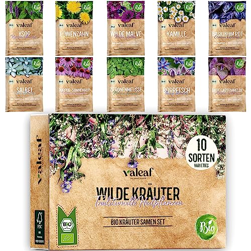 valeaf BIO Wildkräuter Samen Set I 10 Sorten Kräuter Saatgut aus biologischem Anbau I Bio Kräutersamen Set I Heilkräuter Samen, Teekräuter, Biokräuter, Gewürz I für Balkon, Garten u. Hochbeet