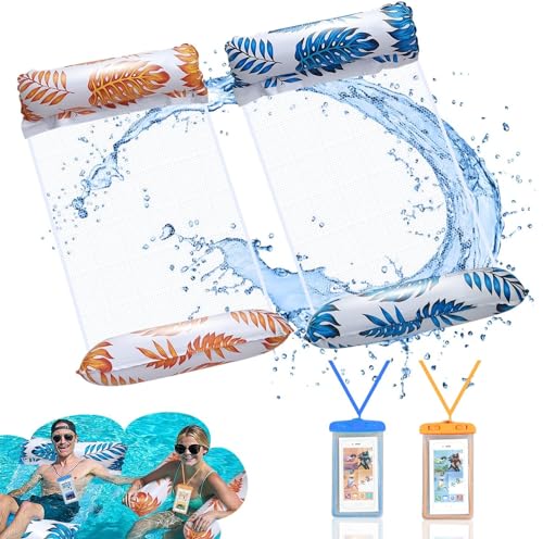 Weeupolfun Aufblasbares Schwimmbett Wasserhängematte, 2 Pcs Tropischer Regenwald Thema Palmblatt Druck Wasserhängematte Blau und Gelb, 4-in-1 Schwebende Luftmatratze für Sommer Partys