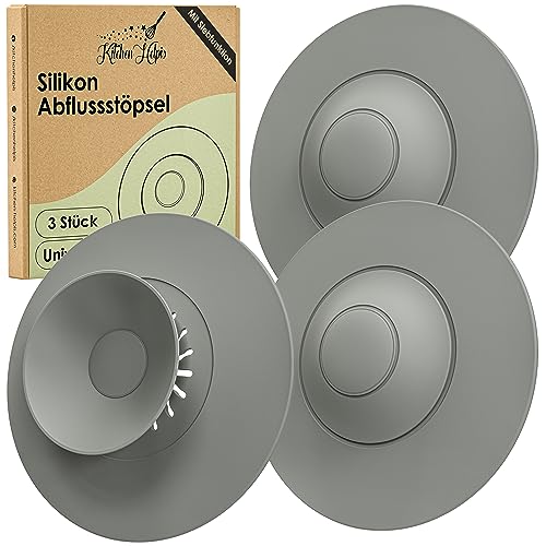 Kitchen Helpis® 3X Universal Stöpsel mit Siebfunktion, rutschfestes Silikonabflusssieb, Badewanne Ablaufstopfen, Abflussstöpsel für Waschbecken, Abflussstöpsel Küchenspüle