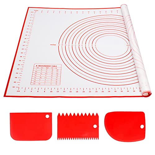 Alyvisun Silikon Backmatte mit 3 Teigschaber, 70x50 cm Backzubehör Antihafte Backunterlage mit Messung Rutschfeste Silikonmatte Wiederverwendbar Backblech für Fondant, Pizza, Teig (Rot)