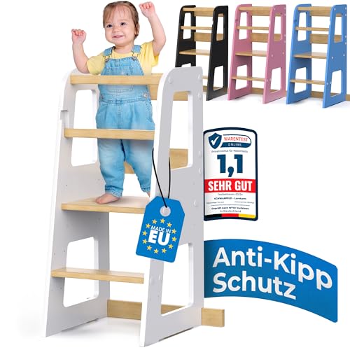 Schwanfeld® Lernturm ab 1 Jahr [Anti Kipp Schutz] - inkl. Montagezubehör - Montessori Lernturm aus bruchsicherem FSC Massivholz (bis zu 50kg belastbar) - Learning Tower 3 Level (höhenverstellbar)