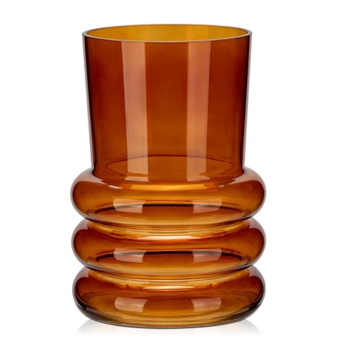 Glas Vasen Blumen modernes, Tischvasen Glas 18 cm hoch, Bernstein Deko Flaschen Glas, Deko Vasen Groß Blumenvase, Zylinder Glasvase Rund für Tischdeko Büro Küche Arrangements Hochzeit Geschenk