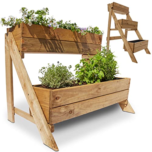 Onbest Hochbeet – aus hochwertigem Holz – perfekt für Garten/Terrasse/Balkon – mit 2 oder 3 Blumenkästen und Innenvlies – Kräuterregal 51/92 cm hoch, 62/44 cm lang – Vertikalbeet, Blumenkasten