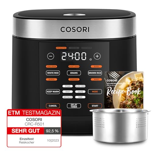 COSORI Reiskocher, Multikocher mit 17 Programme, Rice Cooker 1,8 L, Fuzzy-Logik, Dampfgarer mit Edestahleinsatz, Rezeptbuch, Slow Cooker, Premium Innentopf, Warmhaltefunktion, Timer, Schwarz