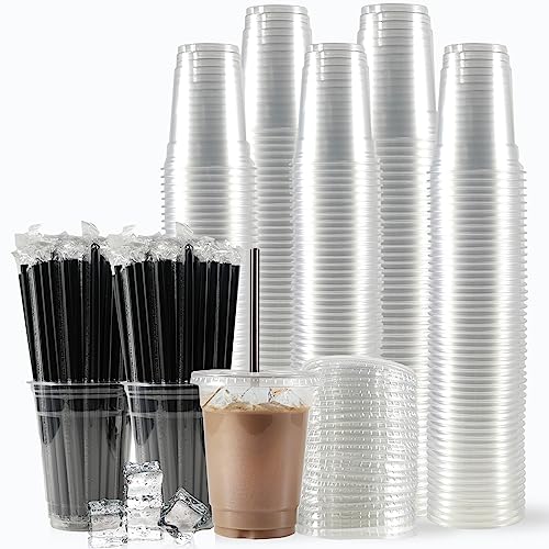 WUHUIXOZ [200 set -350ml Plastikbecher mit Deckel, verwendet für Eiskaffee, Milchshakes, Hochzeiten, Weihnachten, Partys und kalte Getränke