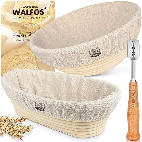 Walfos® Gärkorb zum Brotbacken 2er- Set, Gärkörbchen-Set (Runde 23cm+Oval 25cm), 100% Natürlichem Rattan, Inklusive Bäckermesser, Ideal für Heim- und professionelle Backen.