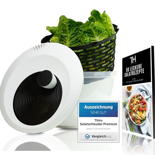 Thiru Salatschleuder Premium 5L - Innovative 3D Kurbel - rutschfeste 2in1 Schleuder & Salatschüssel - Ausgezeichnet mit Note sehr gut - 5L groß - BPA FREI - inkl. eBook