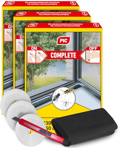 PIC Fliegengitter Fenster Schwarz 3er Pack130x150cm -Insektenschutz Fenster Fliegengitter, Mückennetz Fenster, Moskitonetz Fenster, Mückenschutz Fenstergitter mit Klettband Cuttermesser Reinigungstuch