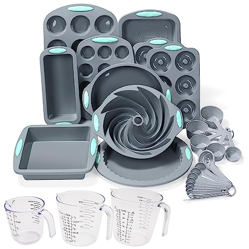 To encounter 30 in 1 Silicone Baking Set - 10 Silicone Baking Cake Pan, Silicone Cake Molds, Baking Sheet, Donut Pan, Silicone Muffin Pan with Measuring Cups and Spoons Set