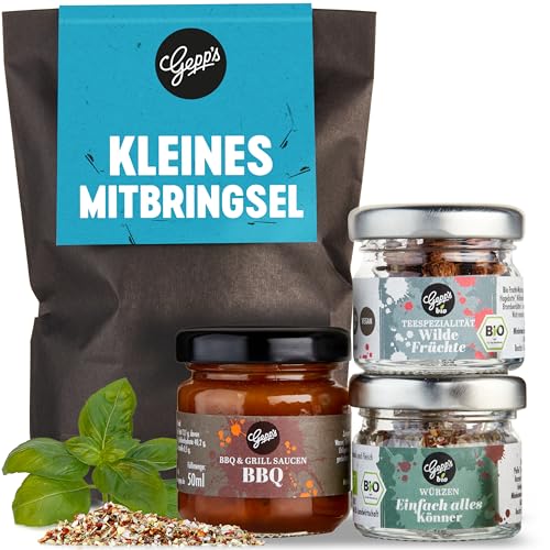 Gepp's Feinkost Wundertüte "Kleines Mitbringsel" I Geschenkbox zum Mitbringen & Bedanken, gefüllt mit Feinkost wie BBQ-Sauce, Bio-Gewürz & Bio-Tee I Delikatessen-Geschenkkorb für jeden Anlass