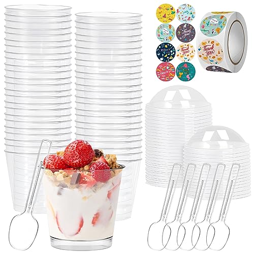 50 Stück Mini Dessertbecher, 210 ml Desserttöpfe mit Deckel, Löffel und Aufklebern, Durchsichtige Kleine Becher, Wiederverwendbare Servier Dessertschüssel für Hochzeit, Geburtstagsfeiern, Käsekuchen