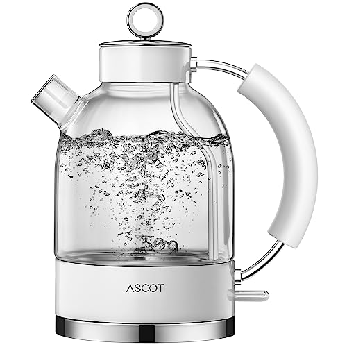 Wasserkocher Glas, ASCOT Elektrischer Wasserkocher Edelstahl, 2200W, 1,5L, BPA frei, leiser Schnellkochkessel, kabelloser Teekessel, Trockengehschutz und automatische Abschaltung