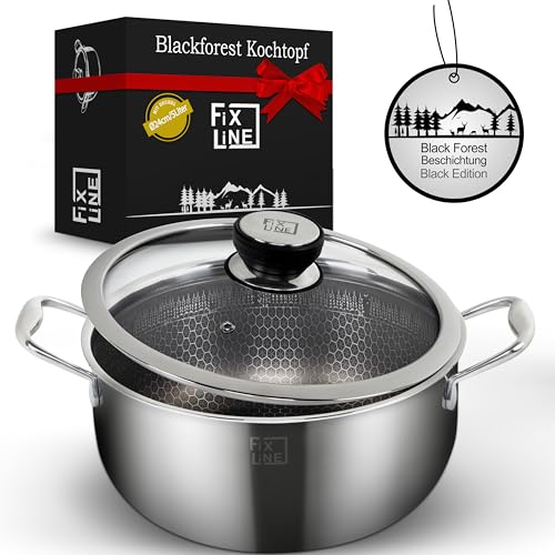 FIXLINE® Black Forest Bräter & Schmortopf 24cm - inklusive Glasdeckel - kratzfeste Beschichtung - für alle Herdarten inkl. Induktion - 5 Liter Volumen - leicht zu Reinigen - Backofen bis 250°C