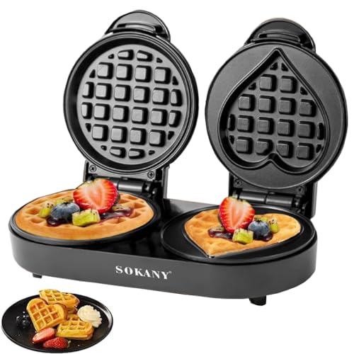 SOKANY SK-850 1100W Elektrischer Mini Herzwaffeleisen, Doppelt Waffeleisen, Antihaftbeschichtung, Leichte Reinigung, Für Kindergeburtstage, Ostern oder Weihnachten